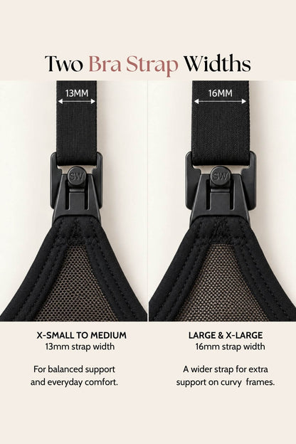 Comparison graphic showing two bra strap widths: a 13mm black strap on the left and a 16mm black mesh-and-strap option on the right, with text labels and sizing guidance for X-small to medium and large frames.