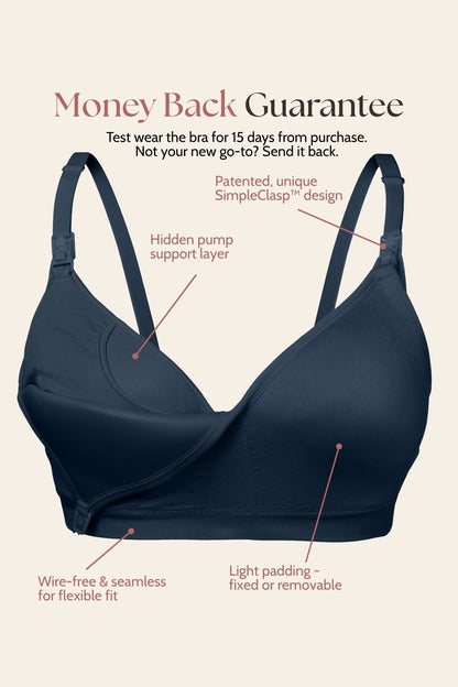 The SuperMom Silhouette Nursing Bra and Hands Free Pumping Bra in Midnight black shown on a beige background with marketing text and callout lines explaining features such as a money-back guarantee, patented SimpleClasp design, hidden pump support layer, wire-free seamless fit, and light padding.