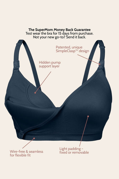 A black bra with callout text labels explaining its features, including SimpleClasp design, hidden pump support layer, wire-free seamless construction, and light padding, on a beige background and supermom money back 15 day test wear offer that makes this bra unique when compared to any other brand sellng nursing bras. No other brand offers a test wear, money back guarantee.