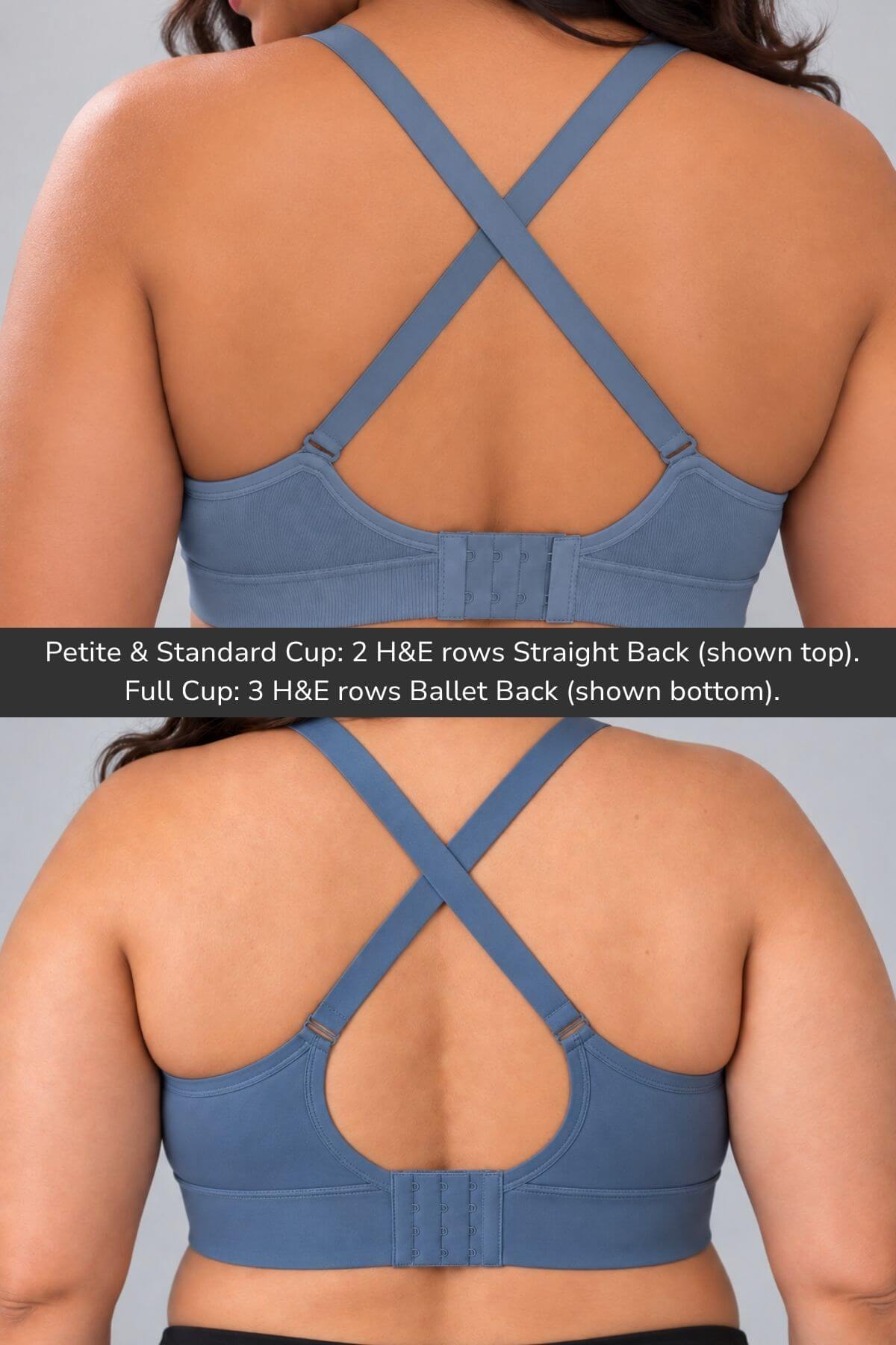 Back view of a woman wearing a simple wishes supermom silhouette nursing bra and hands free pumping bra in maine blue  with adjustable crisscross straps, shown in two cup sizes with text explaining the strap configurations.