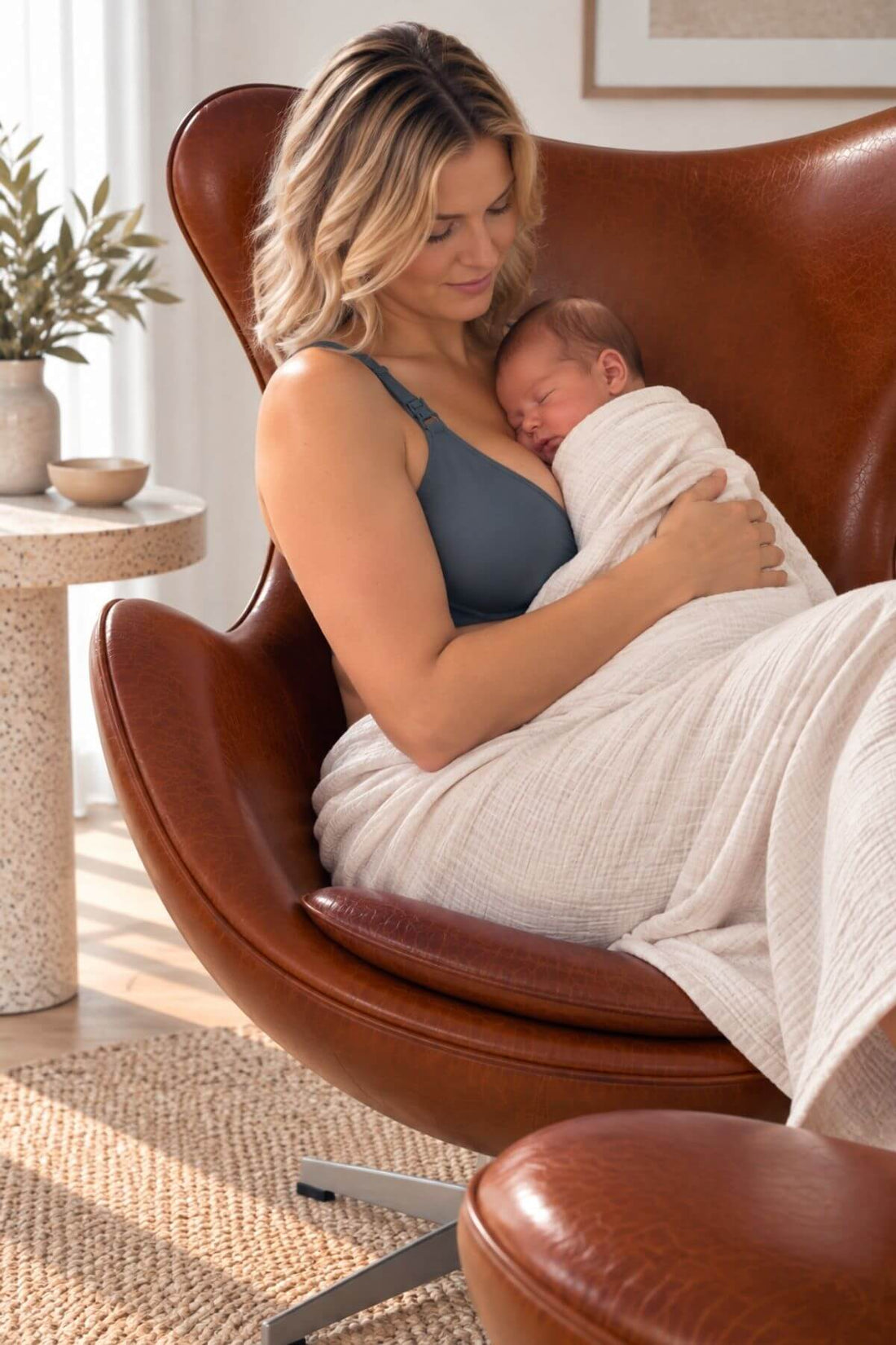 A woman in a dark gray camisole sits in a brown leather armchair, nursing a sleeping newborn baby wrapped in a white muslin blanket. The scene is set in a bright, modern room with a side table and plants in the background.