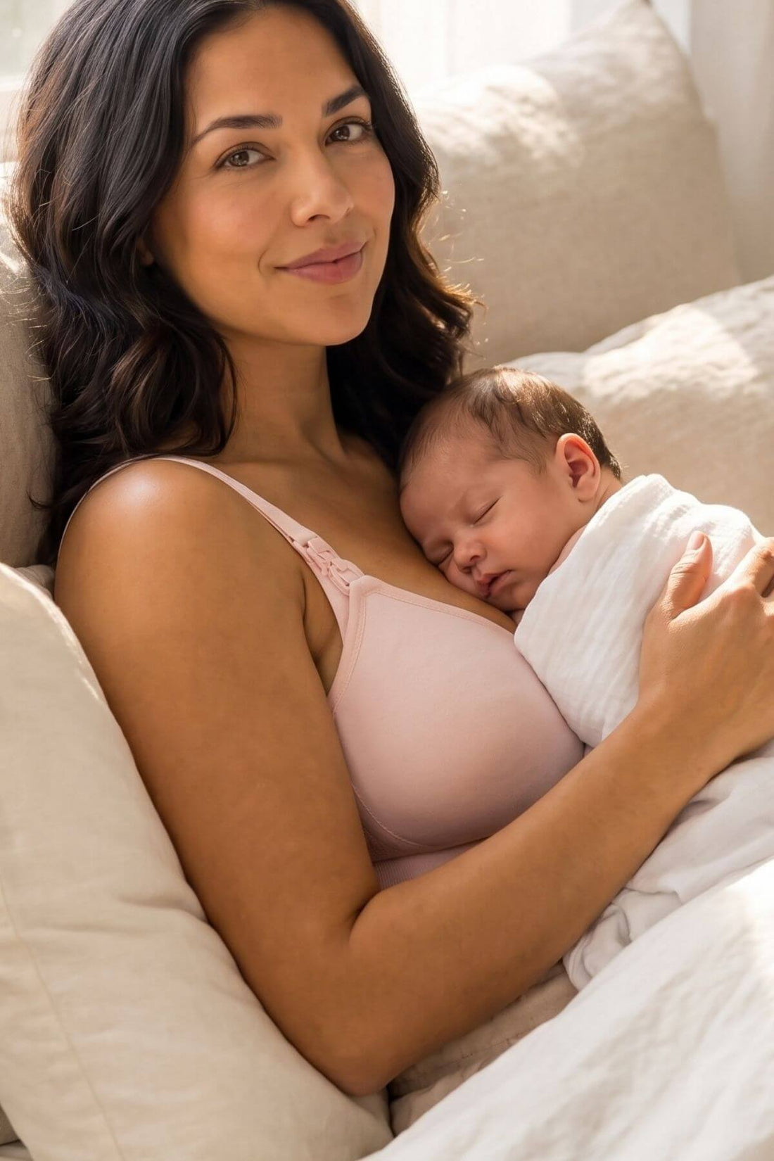 A woman in a light pink nursing and hands free pumping bra breastfeeding a sleeping newborn baby wrapped in a white blanket, resting on beige pillows.