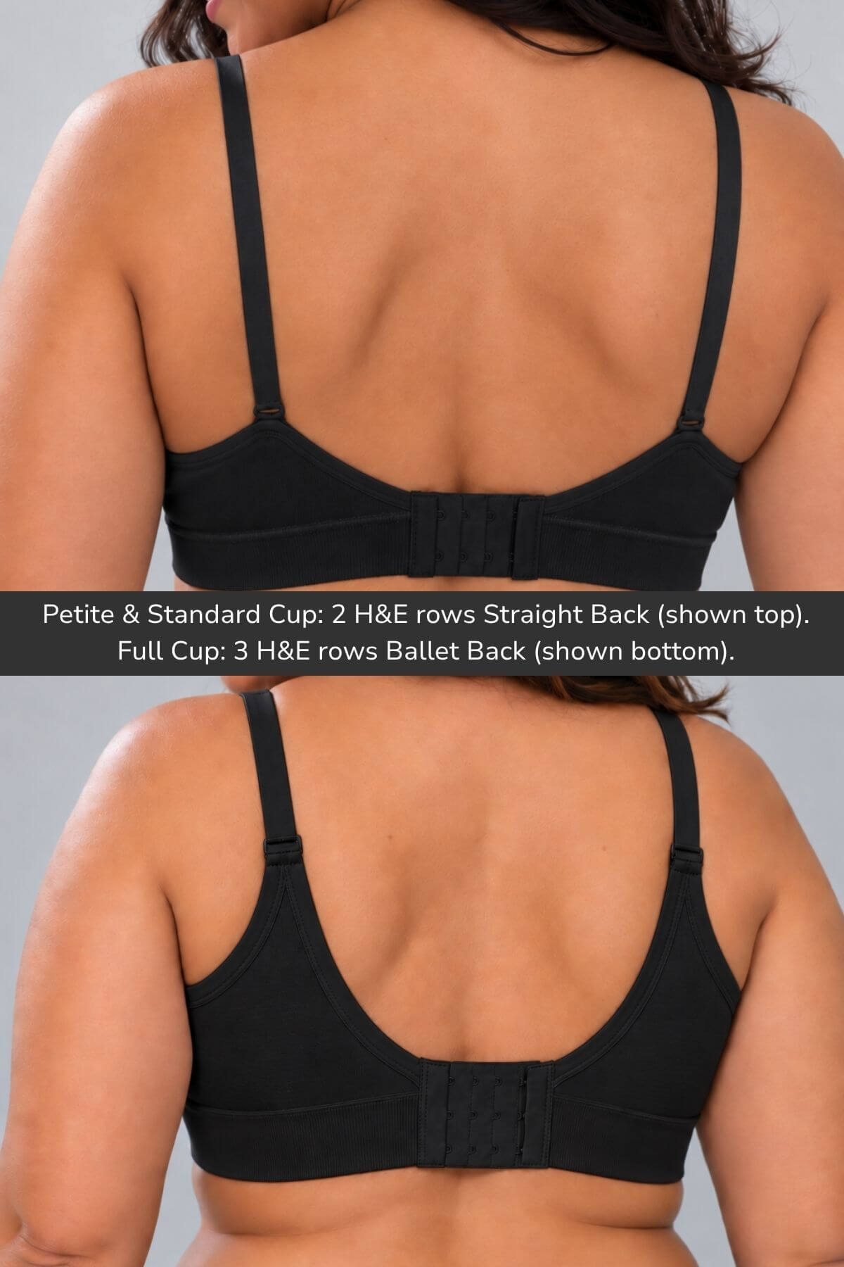Back view of a woman modeling the  simple wishes seamless styles of nursing &amp; hands free pumping bra, showing two cup configurations: Petite &amp; Standard Cup with 2 H&amp;E rows Straight Back (top), and Full Cup with 3 H&amp;E rows Ballet Back (bottom). A text overlay explains the cup sizes and back row configurations.