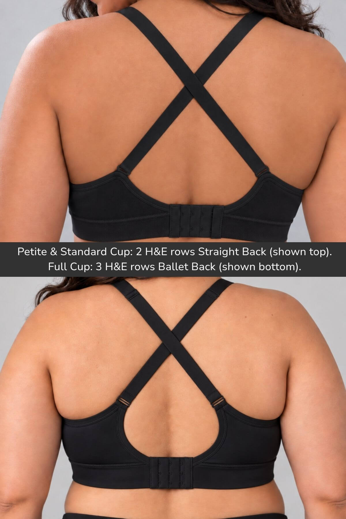 Back view of the  simple wishes seamless styles of nursing &amp; hands free pumping bra shown on a model, demonstrating two cup configurations: Petite &amp; Standard Cup with crossed straps (top) and Full Cup with a ballet back (bottom). A text overlay explains the strap configurations.