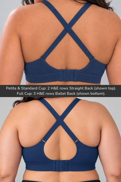 Back view of a woman wearing  the supermom silhouette nursing and hands free pumping bra in indigo with adjustable crossover straps, shown in three cup size ranges with overlaid sizing text.