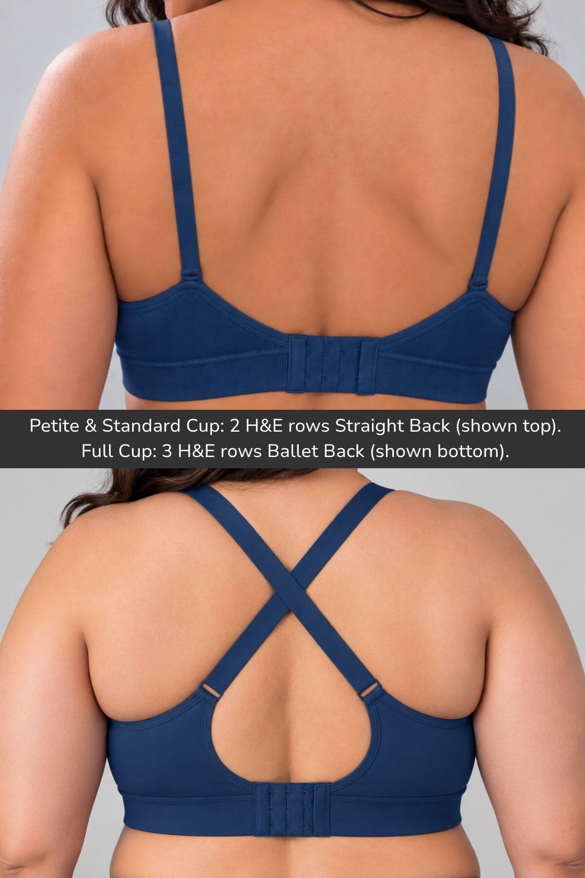Back view of a woman modeling  the supermom silhouette nursing and hands free pumping bra in indigo showing two styles of straps: a straight back with standard cups on top and a crossed ballet back with full cups on bottom. A text overlay explains the cup sizes and strap configurations.