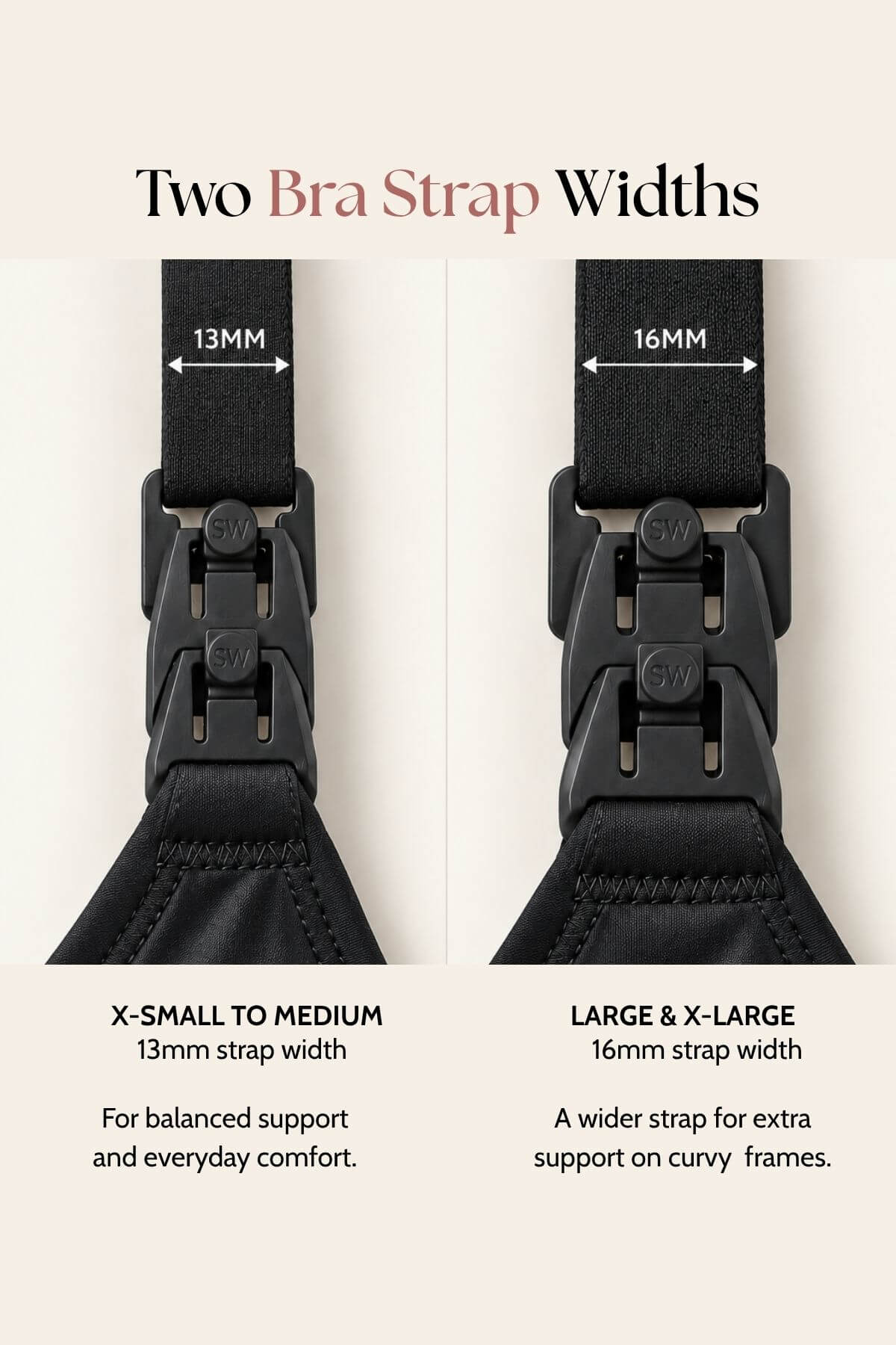 A comparison graphic showing two black bra strap widths: 13mm on the left labeled for X-Small to Medium, and 16mm on the right labeled for Large &amp; X-Large, with text explaining support needs for curved frames.