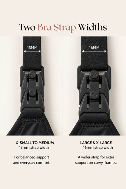 A comparison graphic showing two black bra strap widths: 13mm on the left labeled for X-Small to Medium, and 16mm on the right labeled for Large &amp; X-Large, with text explaining support needs for curved frames.