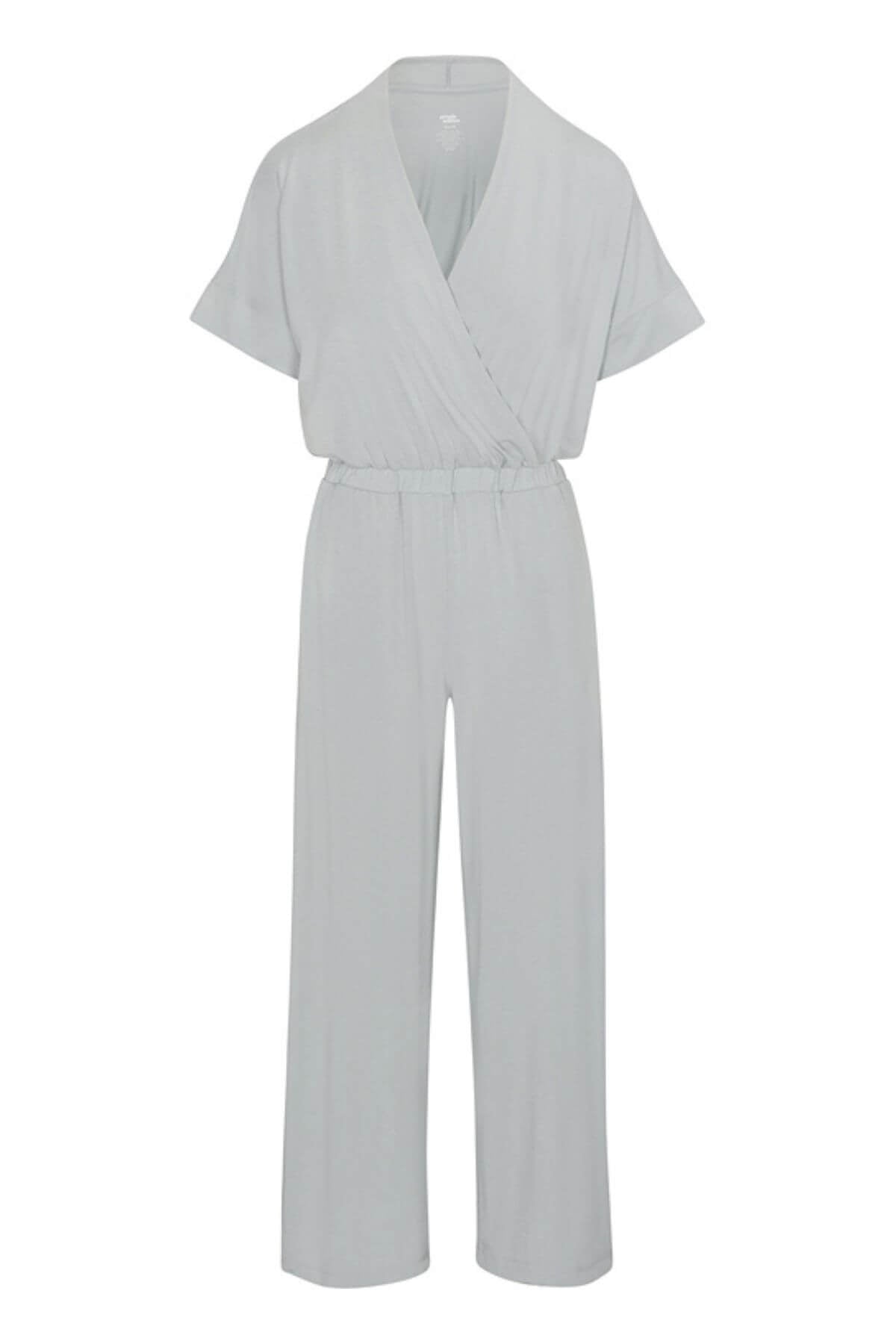 A light gray short-sleeve wrap jumpsuit with a V-neckline and wide legs, displayed on a clean white background.