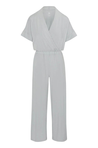 A light gray short-sleeve wrap jumpsuit with a V-neckline and wide legs, displayed on a clean white background.