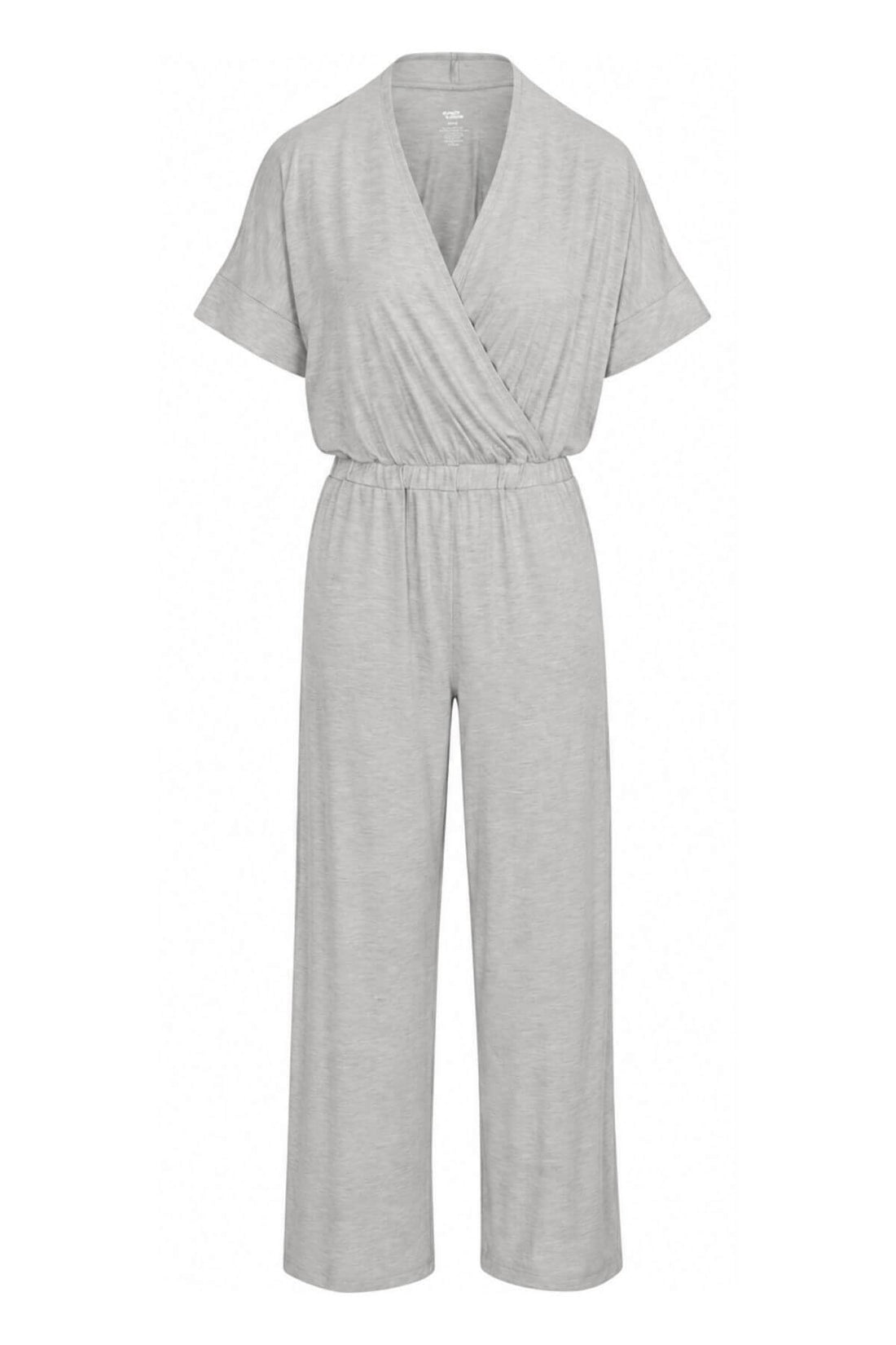 A light gray heathered short-sleeve jumpsuit with a wrap-style V-neck bodice and wide legs, shown on a plain white background.