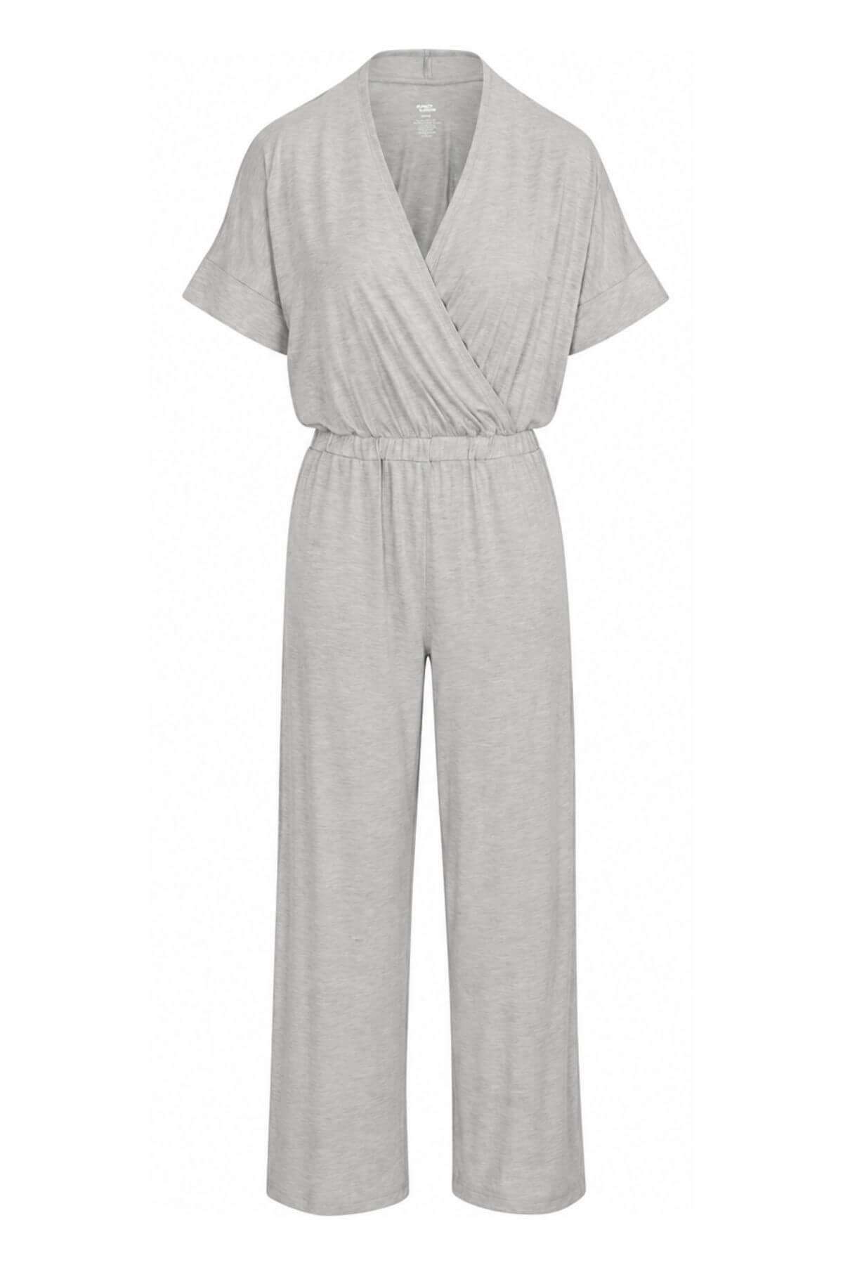 A light gray heathered short-sleeve jumpsuit with a wrap-style V-neck bodice and wide legs, shown on a plain white background.