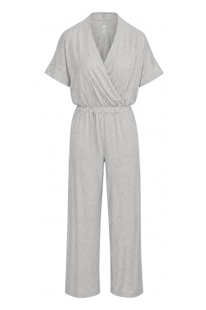 A light gray heathered short-sleeve jumpsuit with a wrap-style V-neck bodice and wide legs, shown on a plain white background.