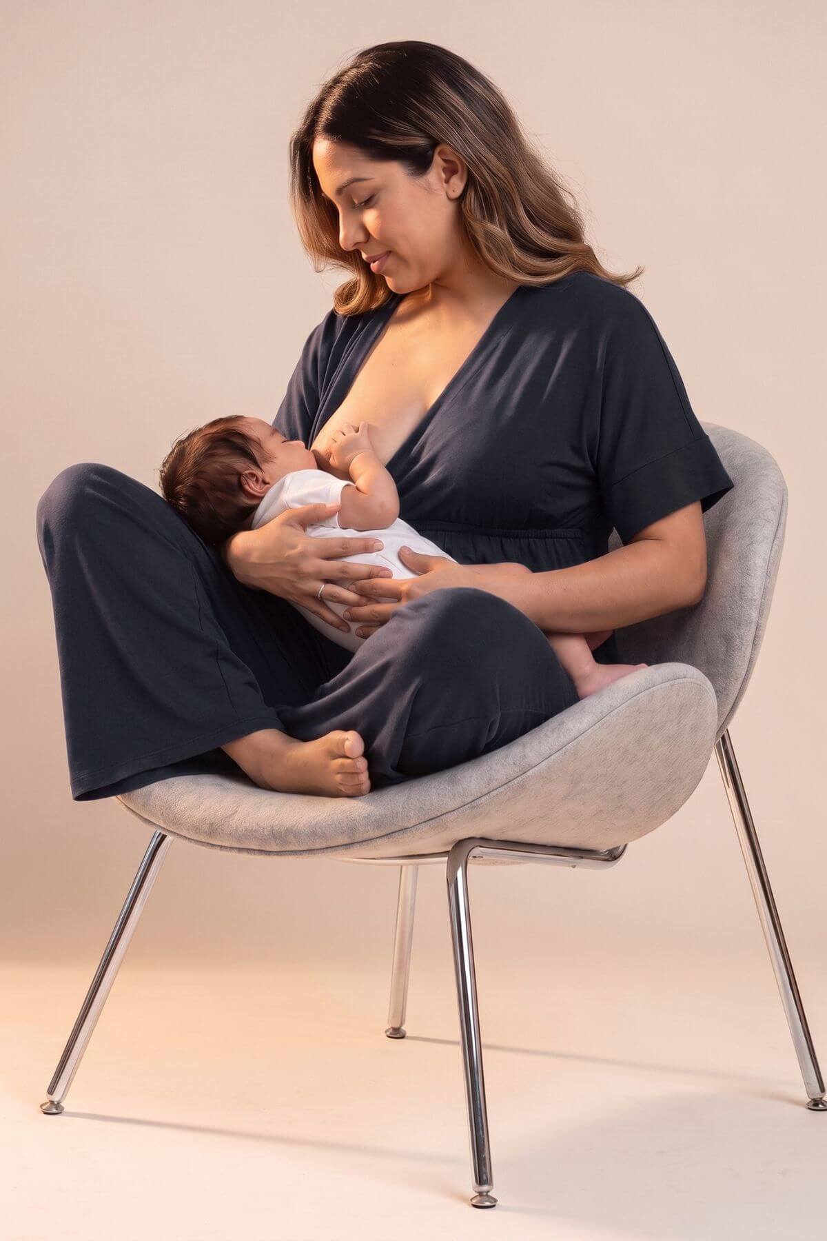 A woman in a dark navy maternity jumpsuit sits in a light gray upholstered chair, breastfeeding a baby wrapped in a white blanket. The scene is shot in a professional studio setting with a warm beige background.