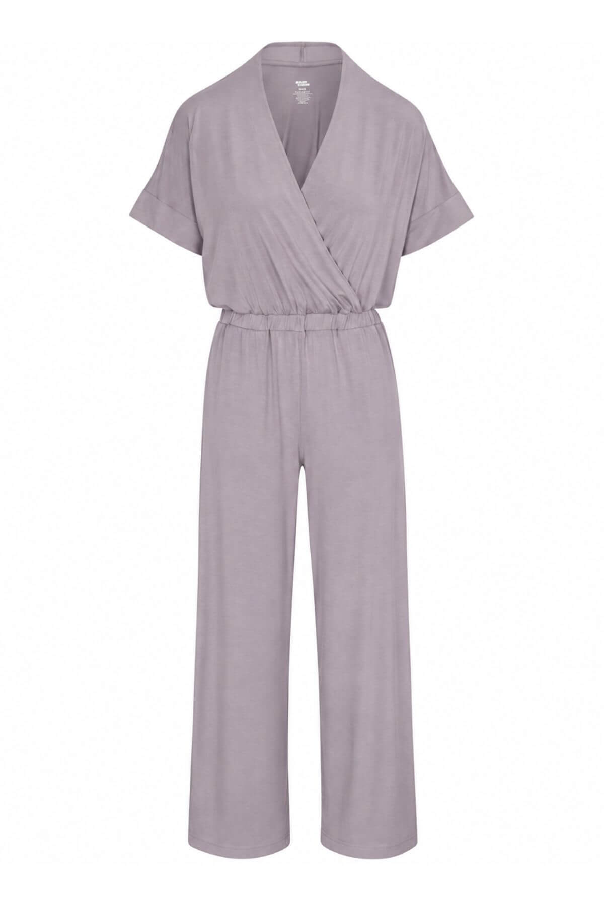 A light lavender-gray short-sleeve wrap jumpsuit with a tie waist and wide legs, shown against a plain white background.