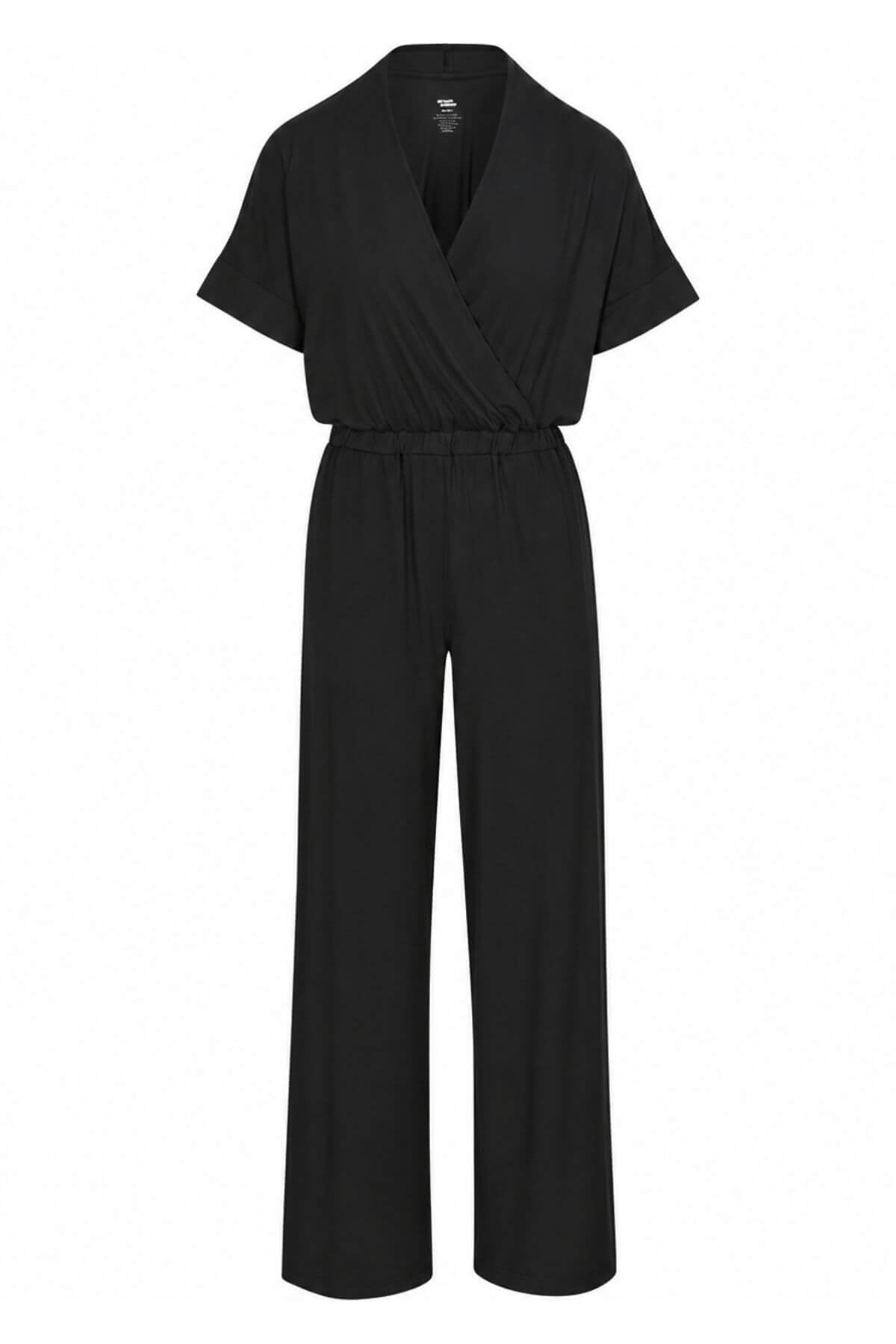A black short-sleeve wrap-style jumpsuit with wide legs, displayed on a clean white background.