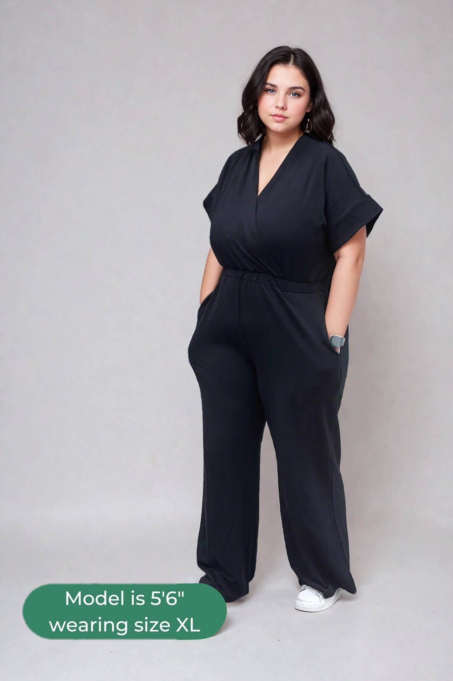 XL model in the Suzanne Nursing Jumpsuit in midnight front view