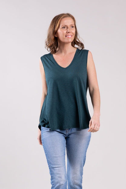 simple wishes elle nursing top in peacock front view on brunette model