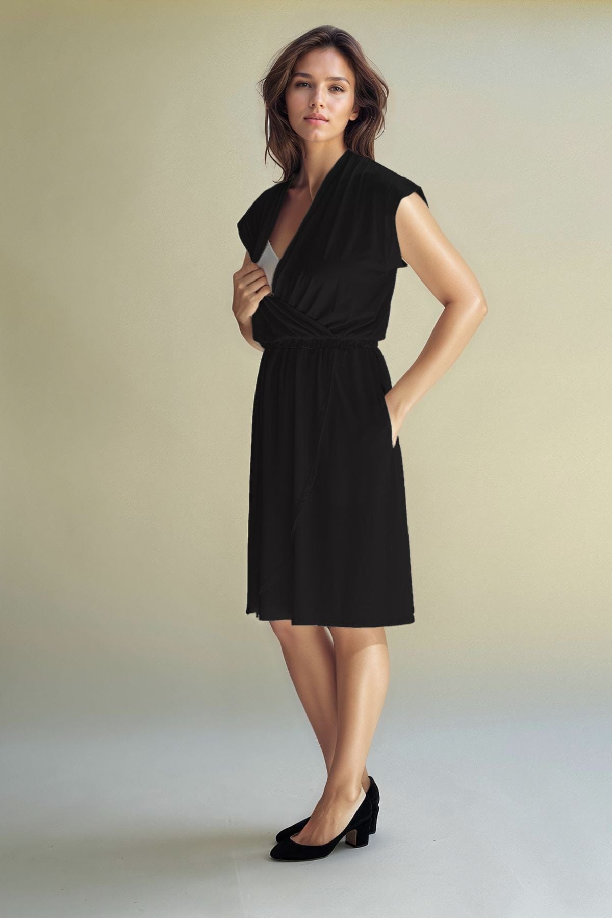 Harper Nursing Dress in midnight front view showing pull aside v-neck detail for breastfeeding access while wearing low heels appropriate for professional workplace