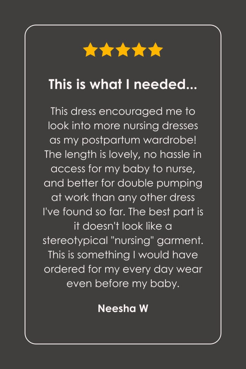 Five-star review of a dress for nursing mothers on a dark background