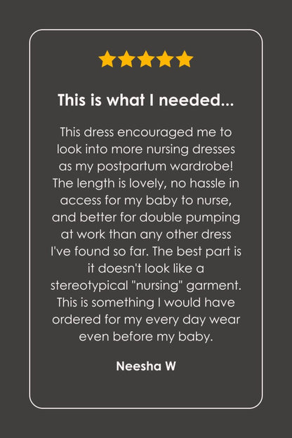 Five-star review of a dress for nursing mothers on a dark background