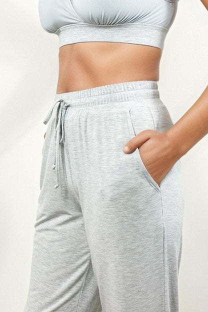 Izzy Jersey Jogger Light Heather Gray front view zoomed in waistband tie detail