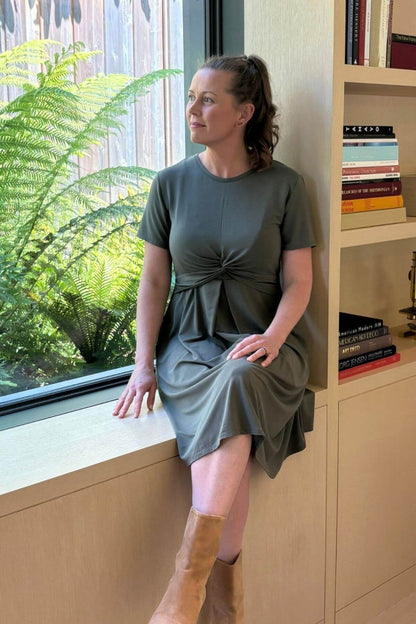 Liv Maternity &amp; Nursing Dress - Olive Green - Simple Wishes - Seated lifestyle front view-Up
