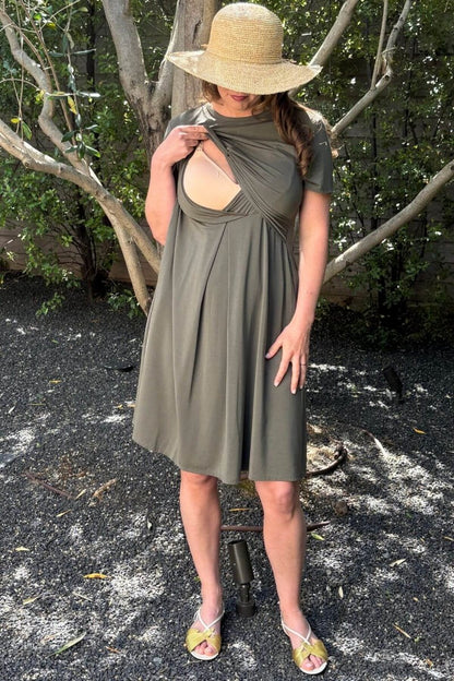 Liv Maternity &amp; Nursing Dress - Olive Green - Simple Wishes - Front View lift up nursing access detail-Up