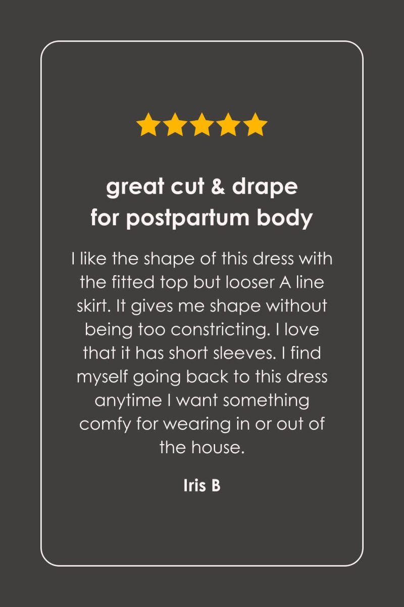 A dark gray card with a white border containing a five-star review and product description for a postpartum dress. The text reads &