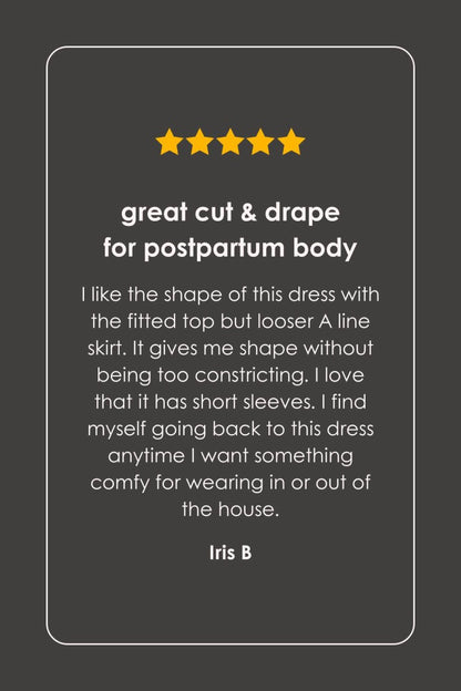 A dark gray card with a white border containing a five-star review and product description for a postpartum dress. The text reads &