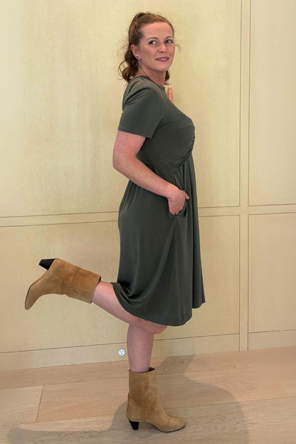 Liv Maternity &amp; Nursing Dress - Olive Green - Simple Wishes - Side view full body styled with boots-Up