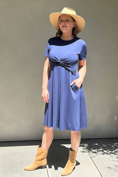 Liv Maternity &amp; Nursing Dress - Indigo - Simple Wishes - Front View styled with hat and boots