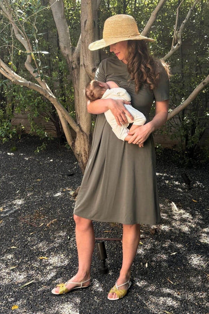 Liv Maternity &amp; Nursing Dress - Olive Green - Simple Wishes - Front view full body breastfeeding