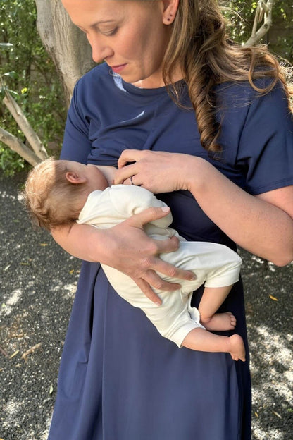 Liv Maternity &amp; Nursing Dress - Indigo - Simple Wishes - Front View Breastfeeding Lifestyle