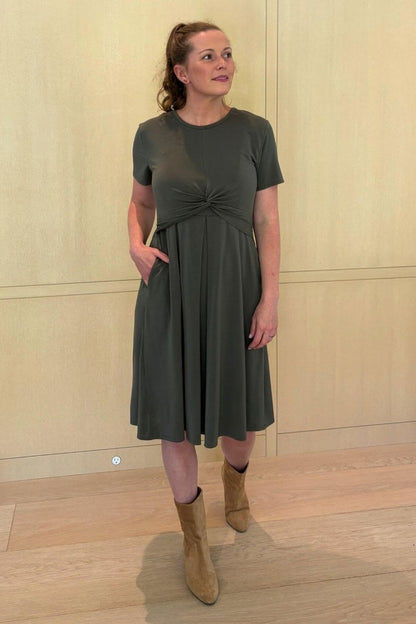 Liv Maternity &amp; Nursing Dress - Olive Green - Simple Wishes - Front view full body styled with boots-Up