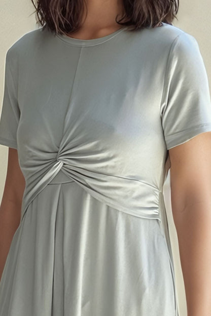 Liv Nursing Dress in ether close up front view of knot and short sleeve detail