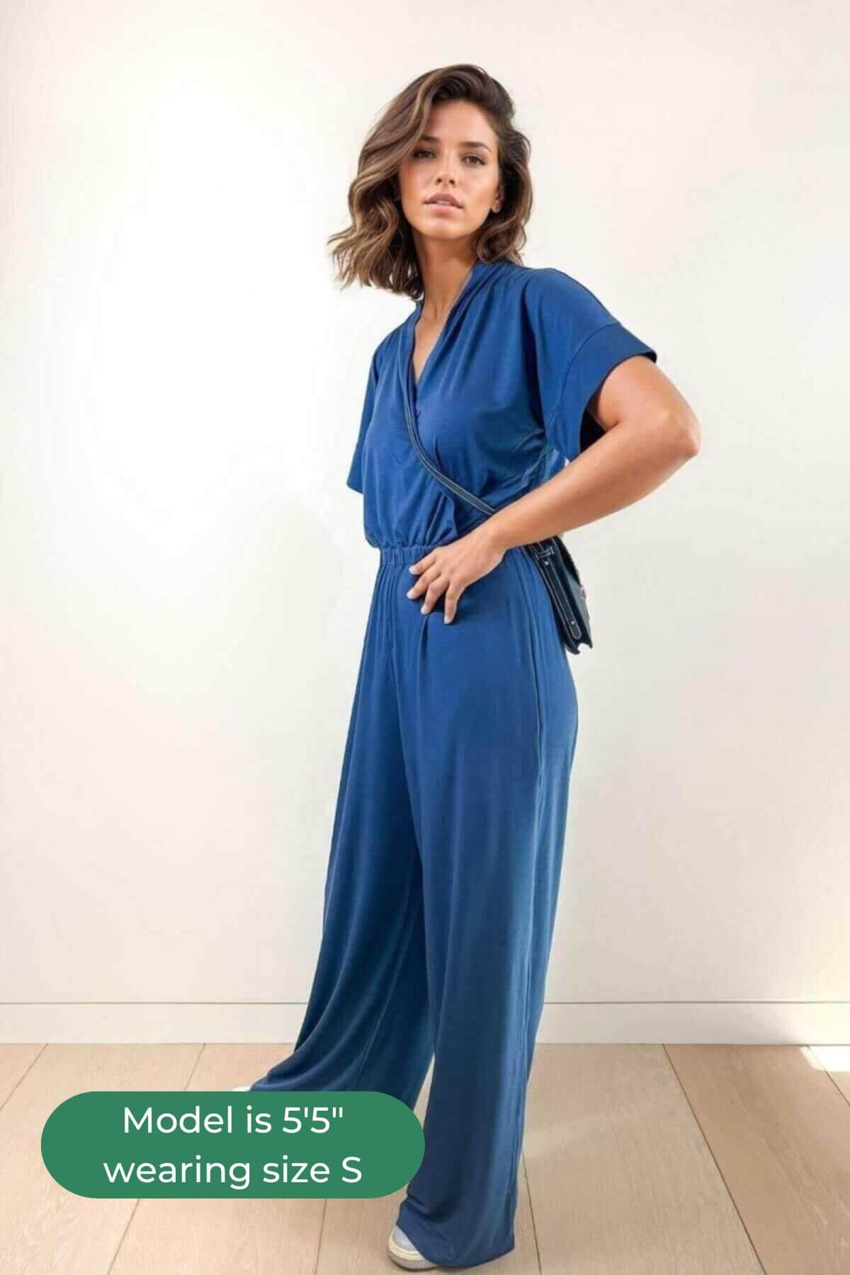 suzanne model wearing size small in dark denim