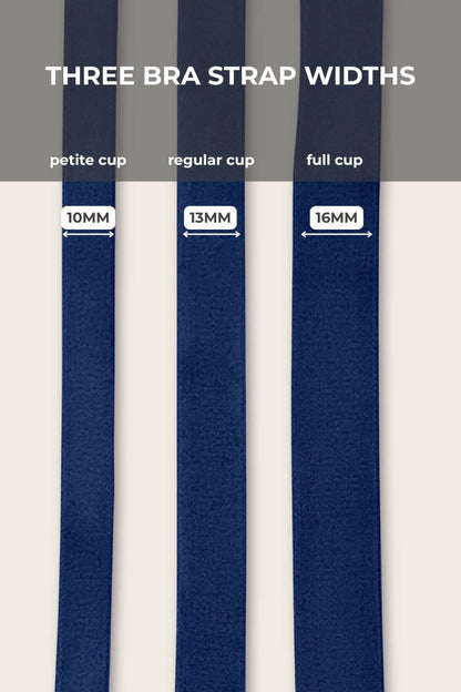 SuperMom® Silhouette Nursing &amp; Pumping Seamless Bra - Fixed Pads - Simple Wishes - Indigo - three bra strap width infographics