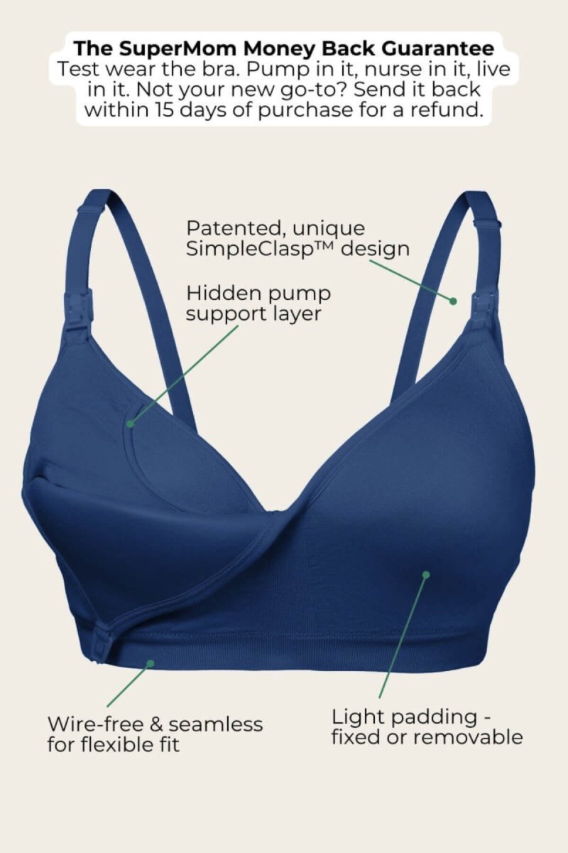 SuperMom® Silhouette Hands - Free Pumping &amp; Nursing Bra | Indigo - XS - Petite Cup - Simple Wishes