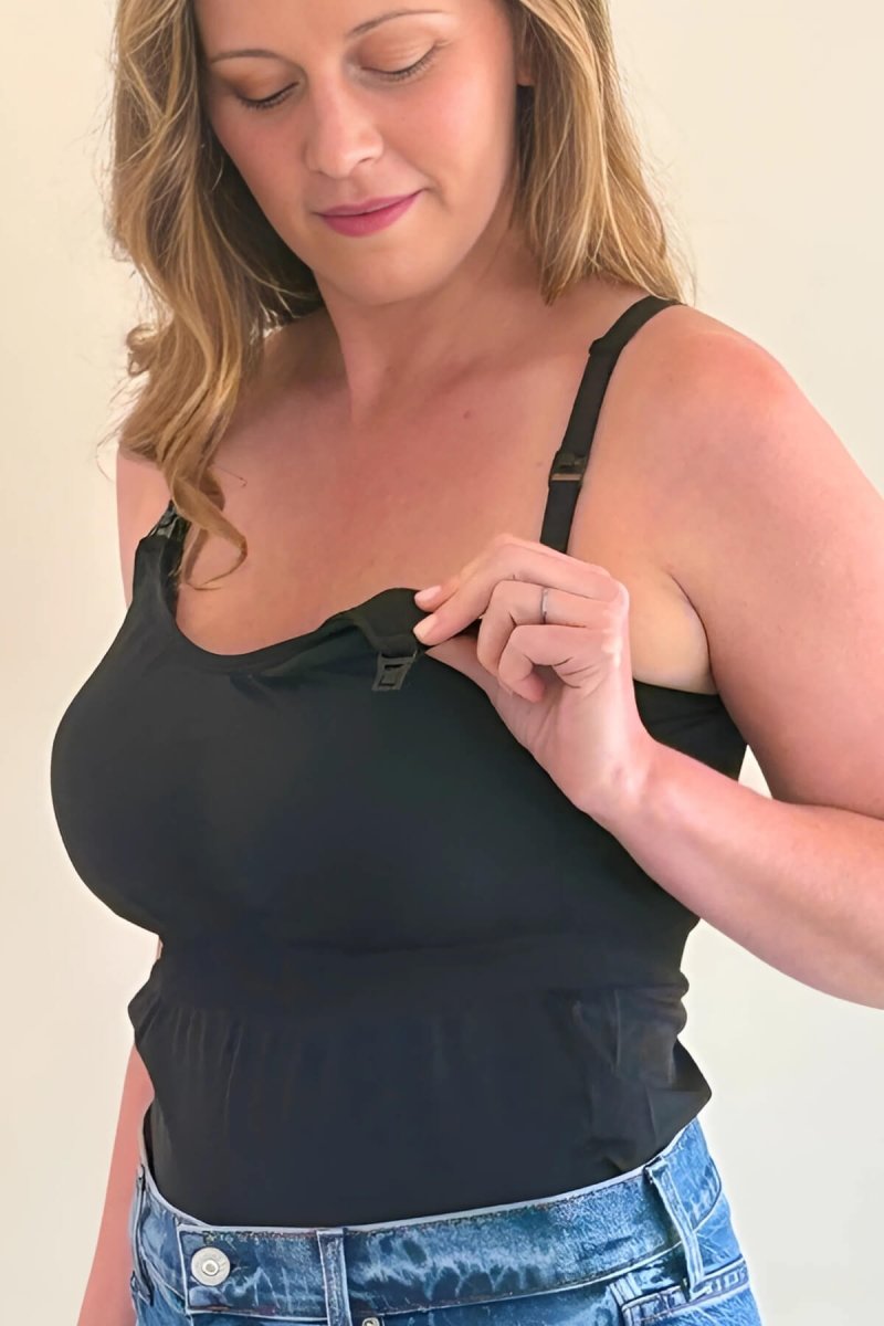 SuperMom® Silhouette Nursing &amp; Pumping Seamless Tank - Simple Wishes - color midnight - showing one cup dropped for breastfeeding.