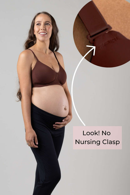 Undercover Nursing T-Shirt Bra in bitter chocolate on pregnant model showing feature to hide the nursing clasp for sustainable wear during pregnancy and once baby is weaned from breastfeeding. Close up view of apex of bra cup showing there is no visible plastic nursing clasp.