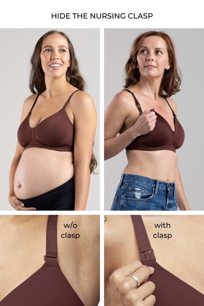 Infographic showing side by side images of a pregnant woman and a breastfeeding woman to highlight the ability to hide the nursing claps in the Undercover Nursing T-Shirt Bra in bitter chocolate. Also zoom images showing with and without the nursing clasp at the top of each bra cup.