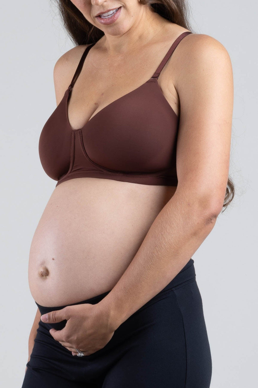 Simple Wishes Undercover nursing T-Shirt bra in bitter chocolate on pregnant model side view