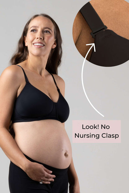 Simple Wishes Undercover Nursing T-Shirt Bra in black shown on pregnant model  with zoom in on hide the nursing clasp feature