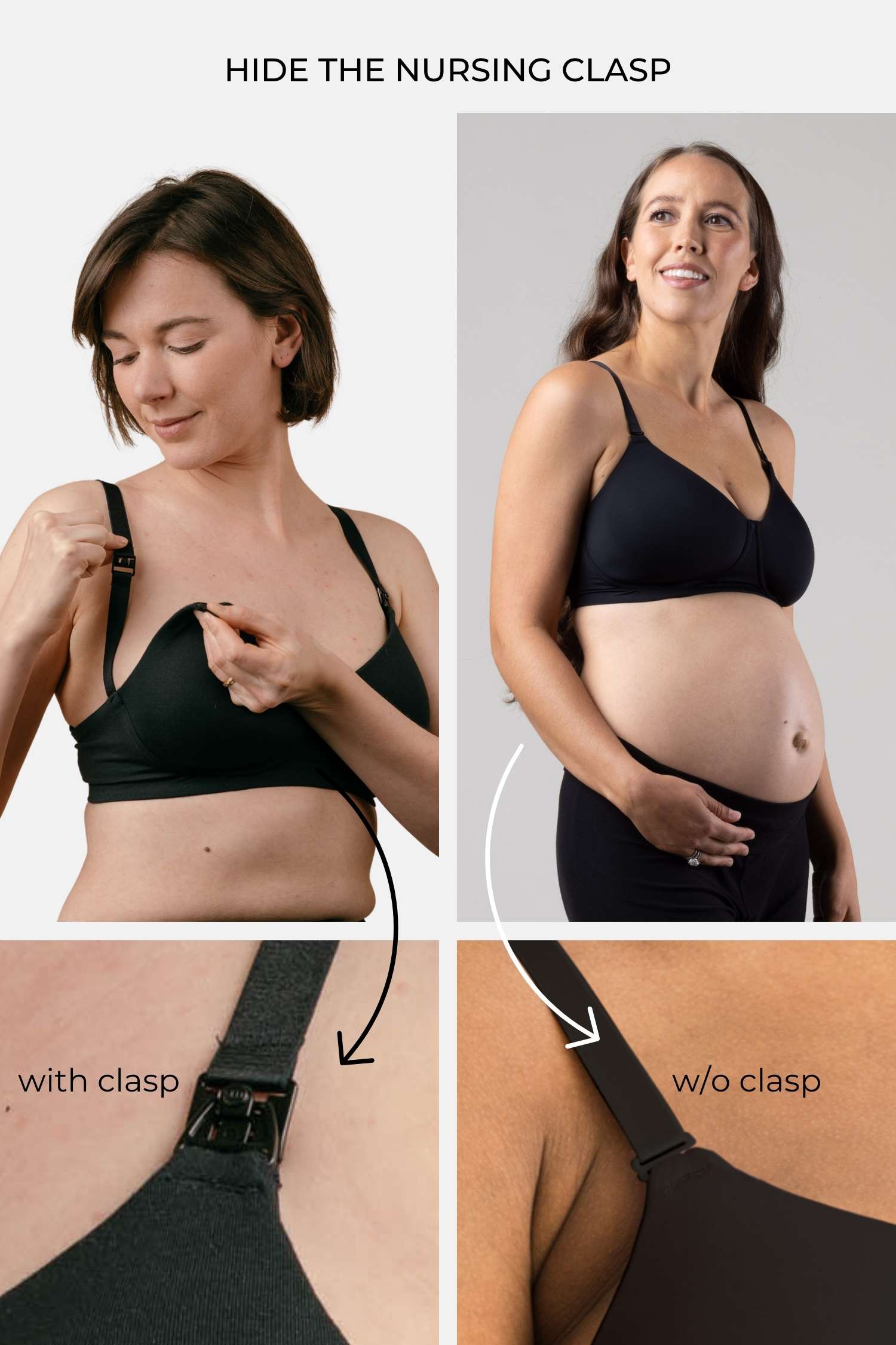 Infographic showing side by side images of a pregnant woman and a breastfeeding woman to highlight the ability to hide the nursing claps in the Undercover Nursing T-Shirt Bra in black. Also zoom images showing with and without the nursing clasp at the top of each bra cup.