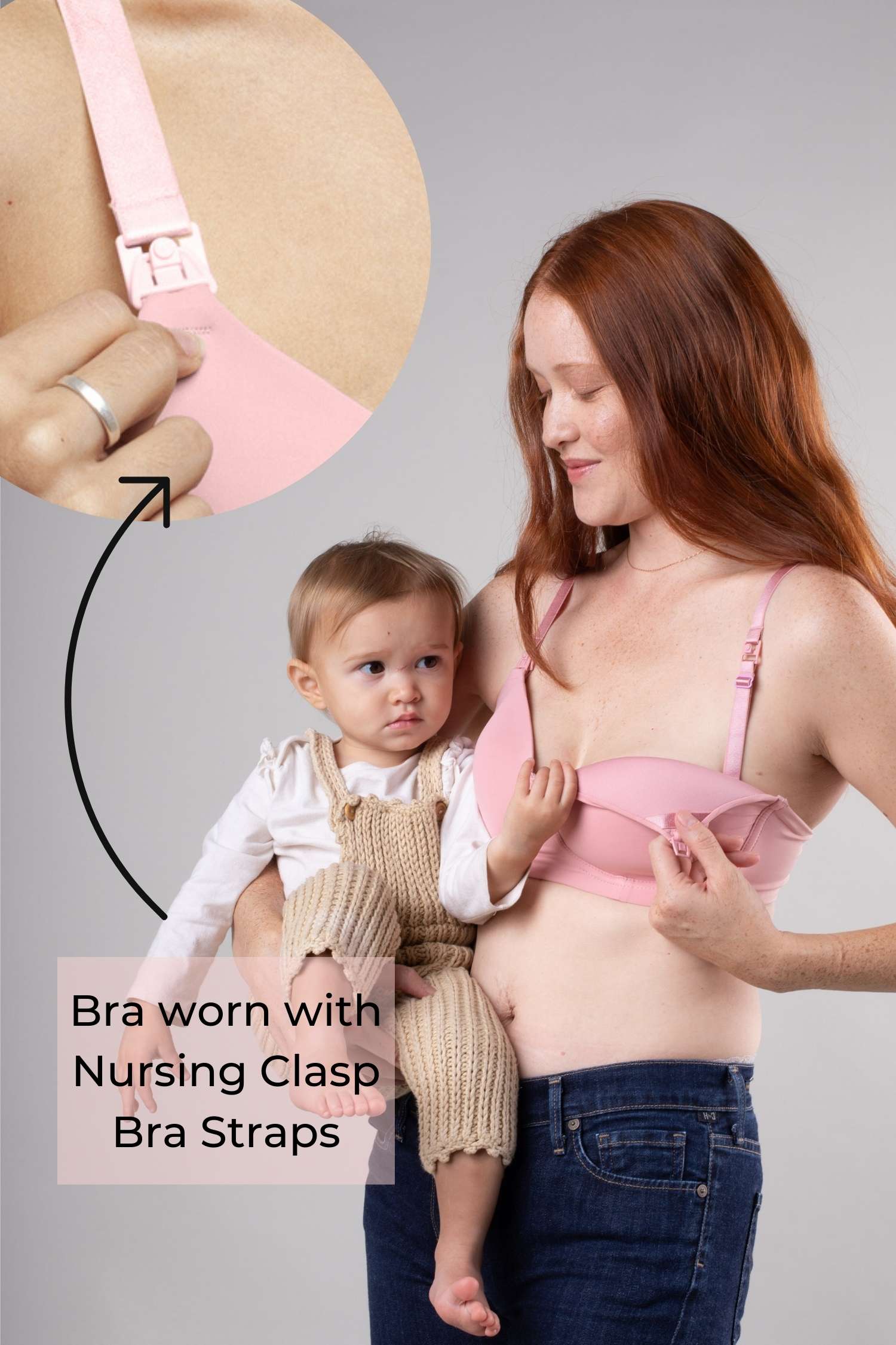 Undercover Nursing T-Shirt Bra in rose pink with one cup pulled down to show easy one hand function of nursing clasp for breastfeeding. Also close up view of nursing clasp.