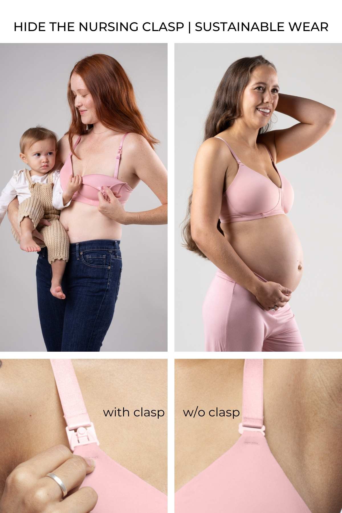 Infographic showing side by side images of a pregnant woman and a breastfeeding woman to highlight the ability to hide the nursing claps in the Undercover Nursing T-Shirt Bra in color Rose Pink. Also zoom images showing with and without the nursing clasp at the top of each bra cup.