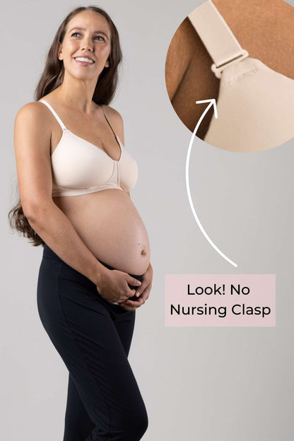 Undercover Nursing T-Shirt Bra in sunkissed rose on pregnant model showing feature to hide the nursing clasp for sustainable wear during pregnancy and once baby is weaned from breastfeeding. Close up view of apex of bra cup showing there is no visible plastic nursing clasp.