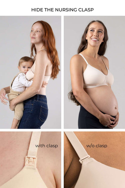 Inforgraphic featuring the Undercover Nursing T-Shirt wirefree bra. Side by side comparison images of pregnant &amp; breastfeeding woman to show the feature of hiding the nursing clasp during pregnancy and beyond breastfeeding. Shown in color sunkissed rose.