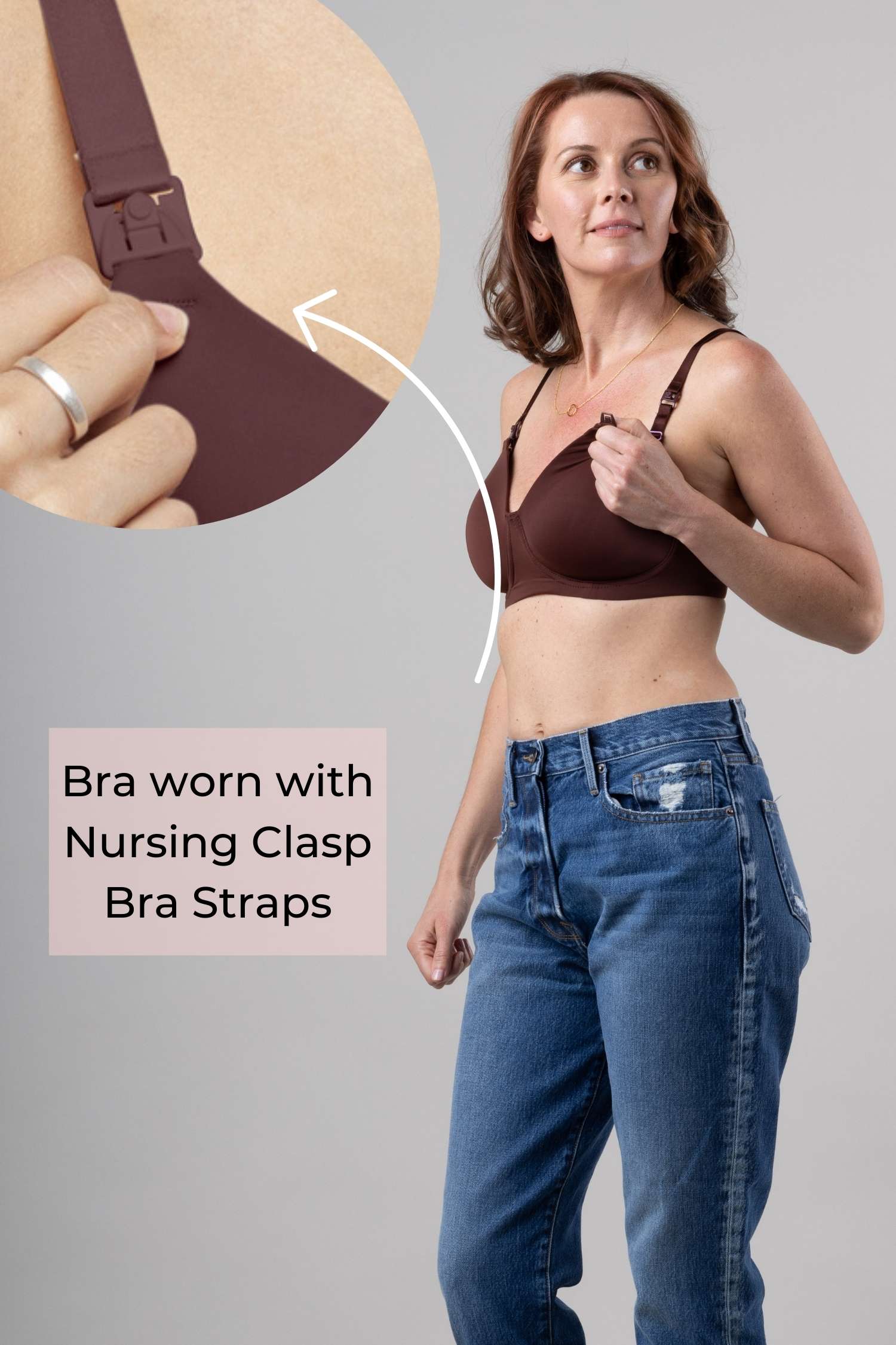 Undercover Nursing T-Shirt Bra in bitter chocolate with one cup pulled down to show easy one hand function of nursing clasp for breastfeeding. Also close up view of nursing clasp.